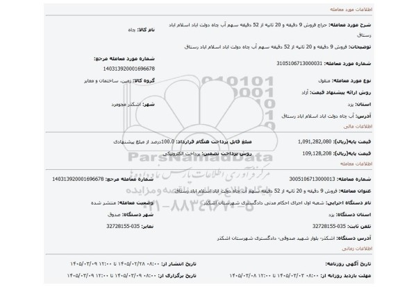 مزایده، فروش 9 دقیقه و 20 ثانیه از 52 دقیقه سهم آب چاه دولت اباد اسلام اباد رستاق