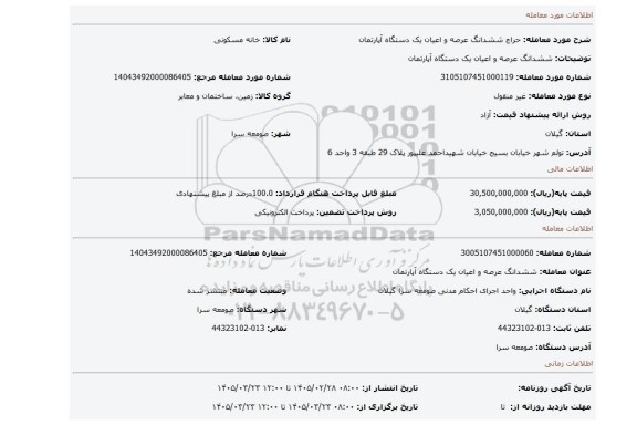 مزایده، ششدانگ عرصه و اعیان یک دستگاه آپارتمان