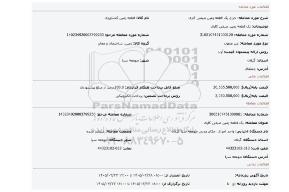 مزایده، یک قطعه زمین صیفی کاری