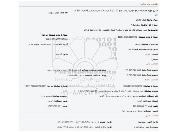 مزایده، خودرو سواری هاچ بگ تیگو 7 چری به شماره انتظامی 93 ایران 223 ی 24