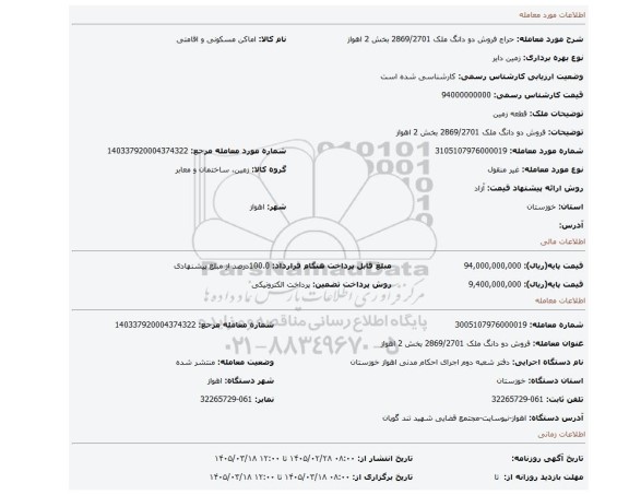 مزایده، فروش دو دانگ ملک 2869/2701  بخش  2  اهواز