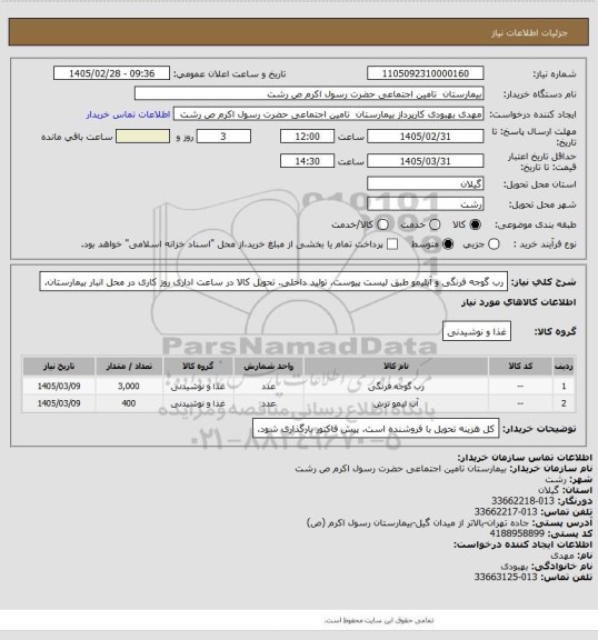 استعلام رب گوجه فرنگی و آبلیمو طبق لیست پیوست. تولید داخلی. تحویل کالا در ساعت اداری روز کاری در محل انبار بیمارستان.