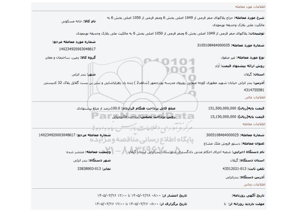 مزایده، پلاکهای صفر فرعی از 1049 اصلی بخش 6 وصفر فرعی از 1050 اصلی بخش 6 به مالکیت علی بلارک وحدیقه نورمحمدی