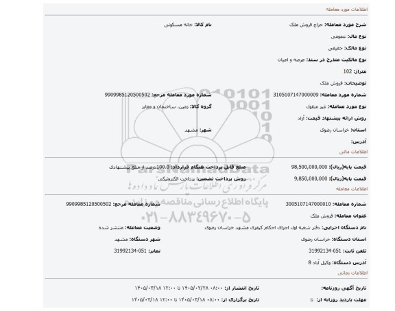 مزایده، فروش ملک