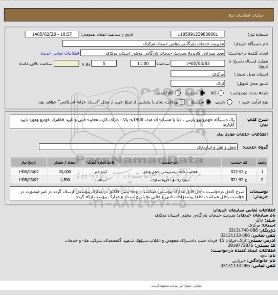 استعلام  یک دستگاه خودرو  پژو پارس ، دنا یا مشابه آن مدل 1400به بالا - دارای کارت معاینه فنی و تایید ظاهری خودرو ومورد تایید کارفرما