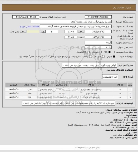 استعلام کوکی و بیسکوییت طبق لیست پیوست مورد نیاز می باشد .