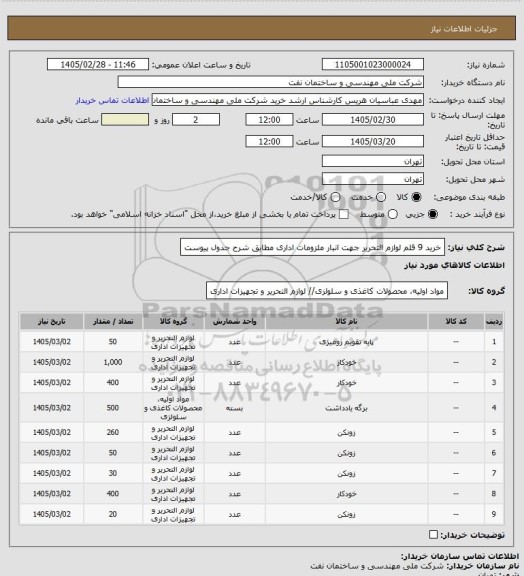 استعلام خرید 9 قلم لوازم التحریر جهت انبار ملزومات اداری مطابق شرح جدول پیوست