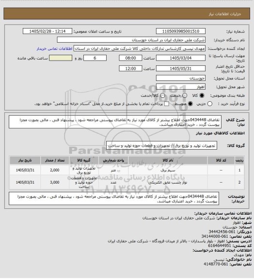 استعلام تقاضای 0434448جهت اطلاع بیشتر از کالای مورد نیاز به تقاضای پیوستی مراجعه شود ، پیشنهاد فنی ، مالی بصورت مجزا پیوست گردد ، خرید اعتباری میباشد.