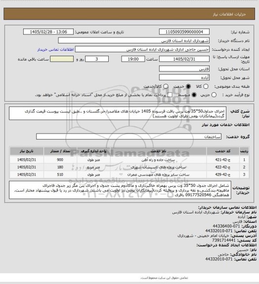 استعلام اجرای جداول50*35 وت پرس بافت فرسوده 1405 خیابان های ملاصدرا،حر،گلستان و ..طبق لیست پیوست قیمت گذاری گردد(پیمانکاران بومی دارای اولویت هستند)