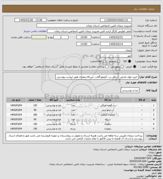 استعلام خرید مواد غذایی شامل رب ،آبلیمو،گلاب ،سرکه،زعفران طبق لیست پیوستی