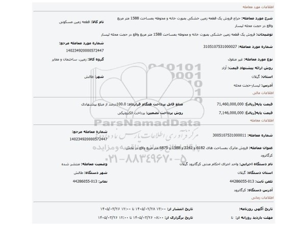 مزایده، فروش یک قطعه زمین خشکی بصورت خانه و محوطه بمساحت 1588 متر مربع واقع در حجت محله لیسار