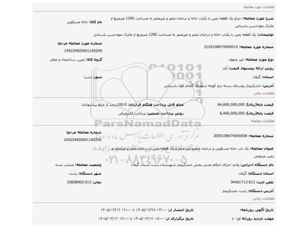 مزایده، یک قطعه زمین با یکباب خانه و درختان مثمر و غیرمثمر به مساحت 1292 مترمربع از ماترک محمدحسن پاسبانی