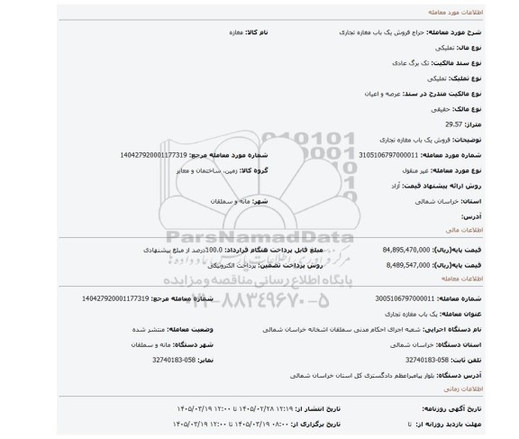 مزایده، فروش یک باب مغازه تجاری