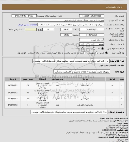 استعلام چراغ فول لایت و هالوژن و لامپ شمعی و سیم و ساعت فرمان ریلی مطابق آگهی پیوستی