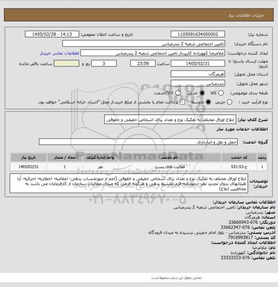 استعلام ابلاغ اوراق مختلف به تفکیک نوع و تعداد برای اشخاص حقیقی و حقوقی