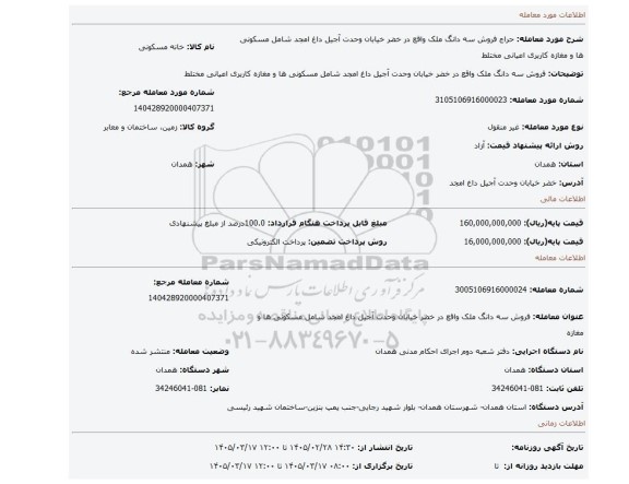 مزایده، فروش سه دانگ ملک واقع در خضر خیابان وحدت آجیل داغ امجد شامل مسکونی ها و مغازه کاربری اعیانی مختلط