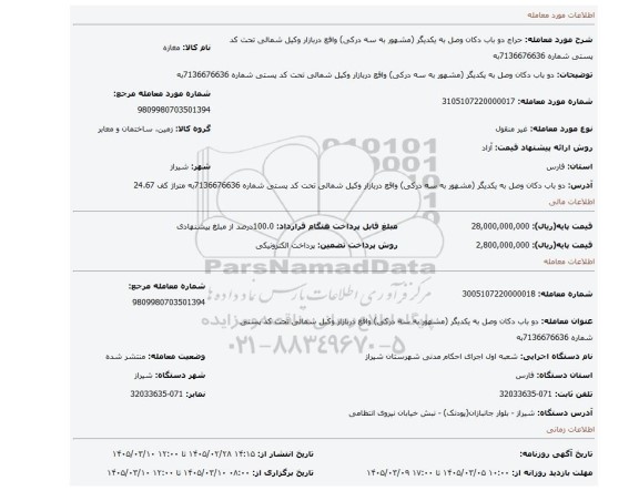 مزایده، دو باب دکان وصل به یکدیگر (مشهور به سه درکی) واقع دربازار وکیل شمالی  تحت کد پستی شماره 7136676636به