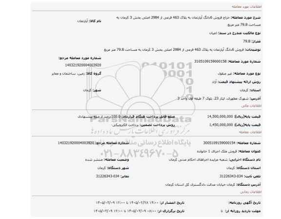 مزایده، فروش 6دانگ آپارتمان به پلاک 463 فرعی از 2984 اصلی بخش 3 کرمان به مساحت 79.8 متر مربع