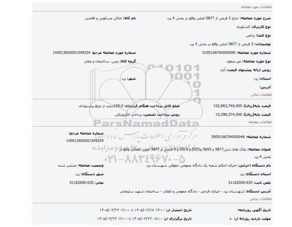 مزایده، 3 فرعی از 5877 اصلی  واقع در بخش 4 یزد