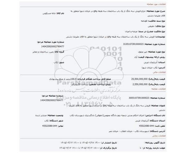 مزایده،  فروش سه دانگ از یک باب ساختمان سه طبقه واقع در خیابان شورا متعلق به اقای علیرضا دشتی