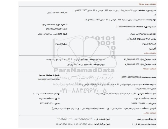 مزایده،  51 حبه از پلاک ثبتی شماره 1388 فرعی از 27 اصلی**0302178 ج 15