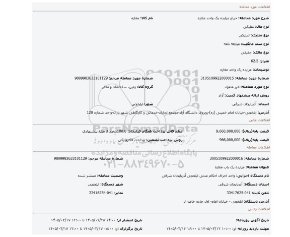 مزایده، مزایده یک واحد مغازه
