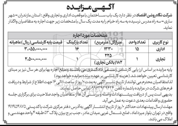 مزایده اجاره یک باب ساختمان با موقعیت اداری و تجاری