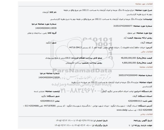 مزایده، مزایده 6 دانگ عرصه و اعیان آپارتمان  به مساحت 102.11 متر مربع واقع در طبقه دوم به شرح نظریه کارشناسی