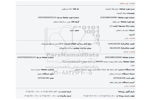 مزایده، ملک آپارتمان