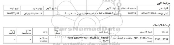 استعلام الکترونیکی، بیرینگSKF - 61844 - با قفسه فولادی پرس شده تیپ B