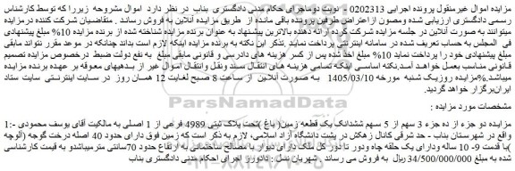 مزایده دو جزء از ده جزء 3 سهم از 5 سهم ششدانک یک قطعه زمین( باغ )تحت پلاک ثبتی 4989 فرعی از 1 اصلی