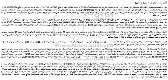 مزایده عرصه و اعیان یکباب ساختمان (وضعیت خاص طلق) به شماره 126 فرعی از 4923 اصلی و قطعه صفر تفکیکی  و مفروز و مجزی شده از سه فرعی از اصلی