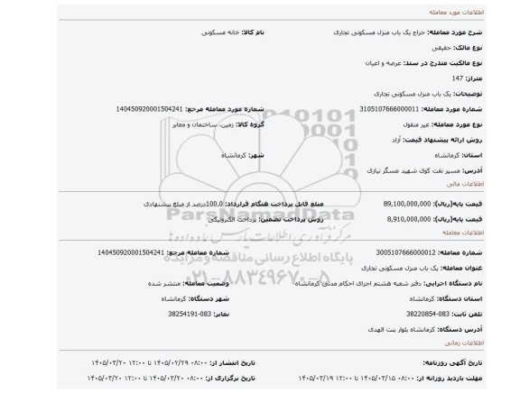 مزایده، یک باب منزل مسکونی تجاری