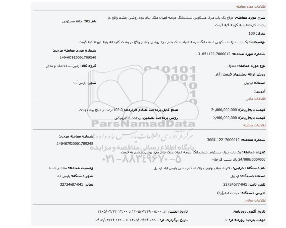 مزایده، یک باب منزل مسکونی ششدانگ عرصه اعیان ملک بنام محمد روشن چشم  واقع در پشت کارخانه پنبه کوچه 4به قیمت
