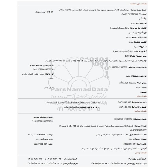 مزایده، فروش 43.8درصدسهم محکوم علیه ازخودرو با شماره انتظامی ایران 98 755 ج95 با قیمت پایه 2/671/800/000ریال