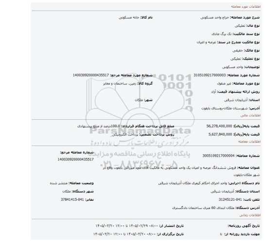 مزایده، واحد مسکونی