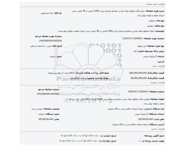 مزایده، ملک محکوم علیه عباس صفاجو بشماره ثبتی 1559 فرعی از 36 اصلی نبش خیابان معلم و کوچه بهارستان