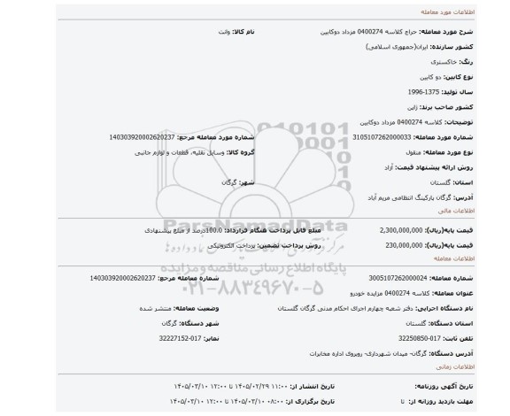 مزایده، کلاسه 0400274 مزداد دوکابین