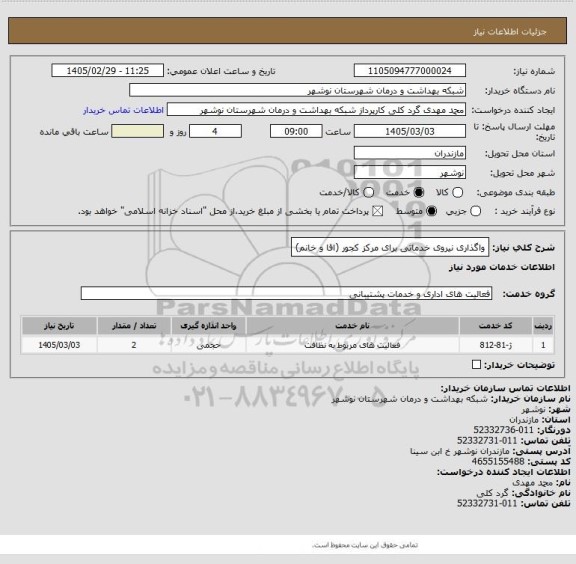 استعلام واگذاری نیروی خدماتی برای مرکز کجور (اقا و خانم)