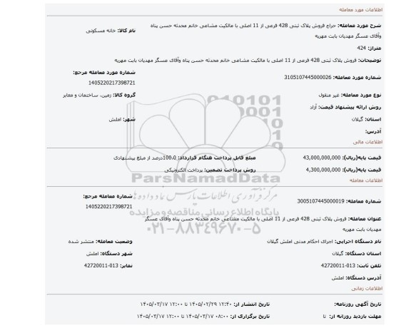 مزایده، فروش پلاک ثبتی 428 فرعی از 11 اصلی با مالکیت مشاعی  خانم محدثه حسن پناه وآقای عسگر مهدیان بابت مهریه