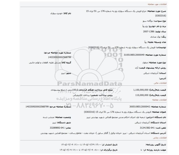 مزایده، فروش یک دستگاه سواری پژو به شماره 176 س 51 ایران 15 (0303316)