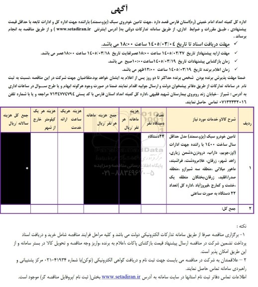 مناقصه جهت تامین خودروی سبک پژو، سمند باراننده