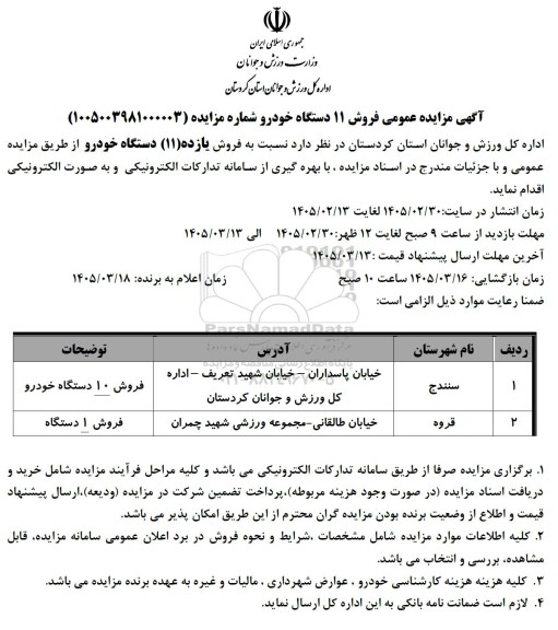 آگهی مزایده عمومی فروش 11 دستگاه خودرو