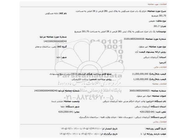 مزایده، یک باب منزل مسکونی به پلاک ثبتی 281 فرعی از 28 اصلی به مساحت 301.70 مترمربع