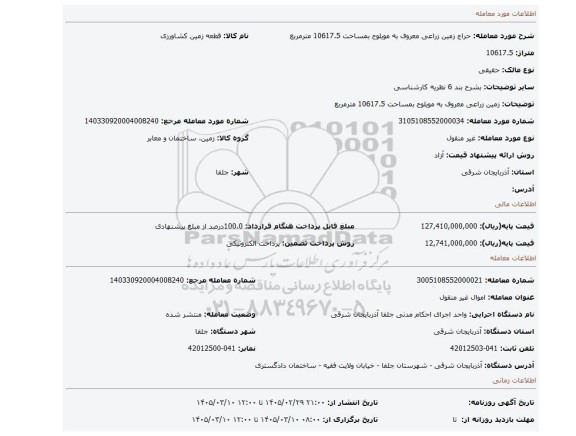 مزایده، زمین زراعی معروف به مویلوح بمساحت 10617.5 مترمربع