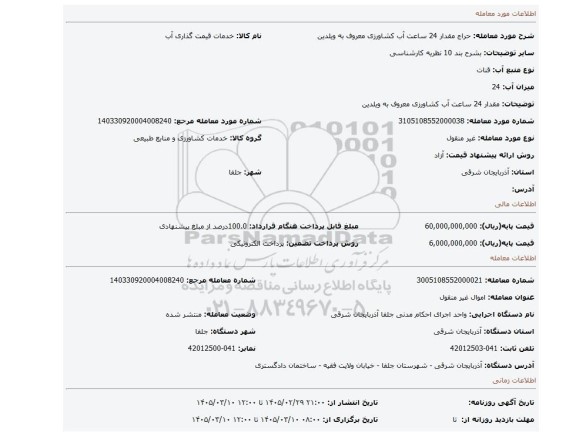 مزایده، مقدار 24 ساعت آب کشاورزی معروف به ویلدین