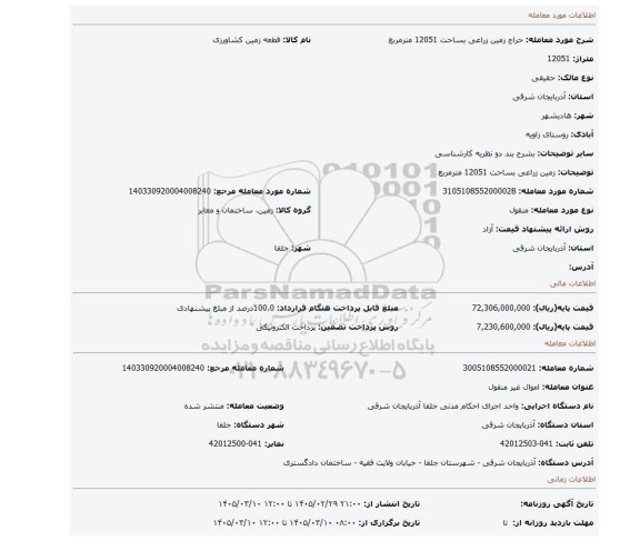 مزایده، زمین زراعی بساحت 12051 مترمربع