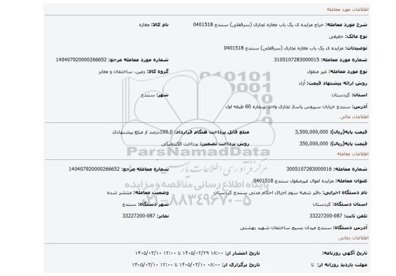مزایده، مزایده ی یک باب مغازه تجاری (سرقفلی) سنندج 0401518