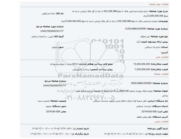 مزایده، مزایده مشاعی ملک تا مبلغ 1.432.328.388 ریال از کل ملک ارزیابی شده به مبلغ 72.000.000.000ریال