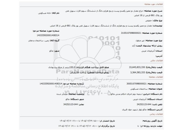 مزایده، مقدار دو ممیز یکصدو بیست و پنج هزارم دانگ از ششدانگ سهم الارث سهیل تقی پور پلاک 661 فرعی از 16 اصلی